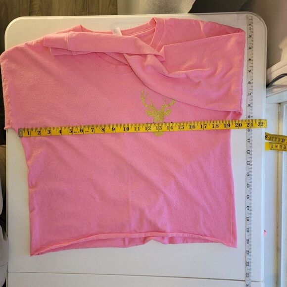 Simply Southern Metallic Deer Crop Top Tshirt L Pink Buffalo Print Long Sleeve - Picture 6 of 6